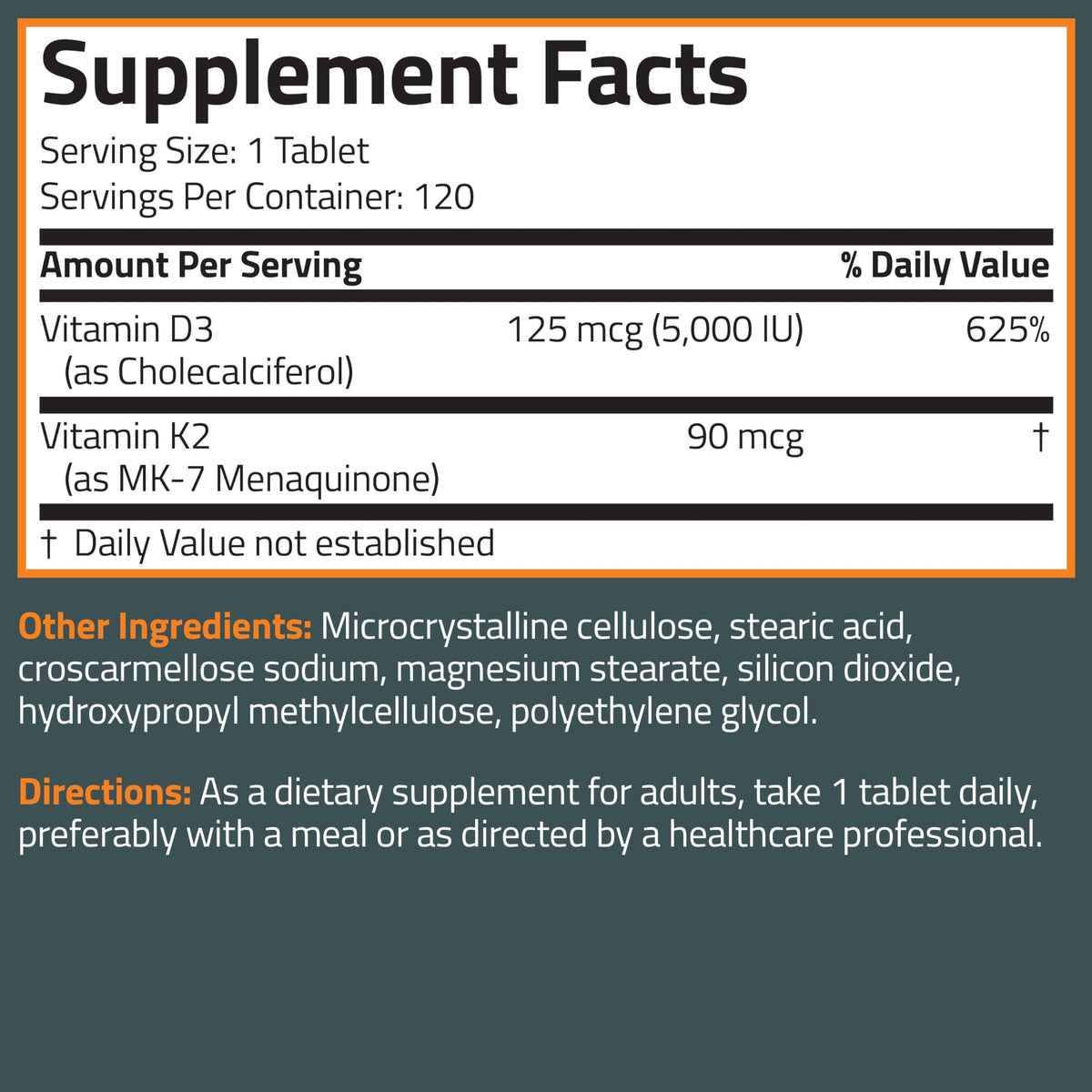 Bronson Vitamin K2 D3 (MK7) Supplement Non-GMO Formula Vitamin D3 5000IU (125 mcg) & 90 mcg K2 MK-7, Easy to Swallow D & K Complex, 120 Tablets