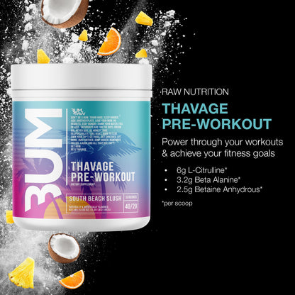 RAW Pre Workout Powder, Thavage (Beach Bum) - Chris Bumstead Sports Nutrition Supplement for Men & Women - Cbum Pre Workout for Working Out, Hydration, Mental Focus & Energy - 40 Servings