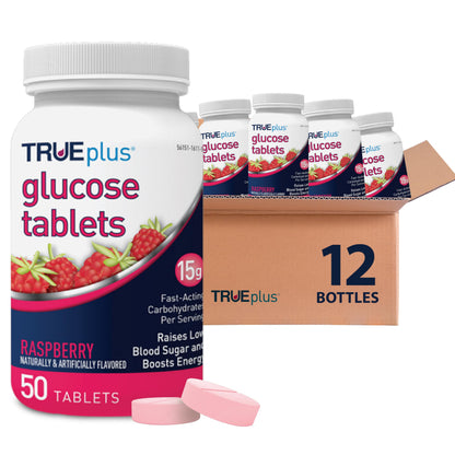 TRUEplus Glucose Tablets, Grape, Raspberry, Orange Flavors, 50 Count | Chewable Tablets, 15g Fast-Acting Carbohydrates, Fat Free, Gluten Free, Boosts Energy, Great Tasting and Easy to Use