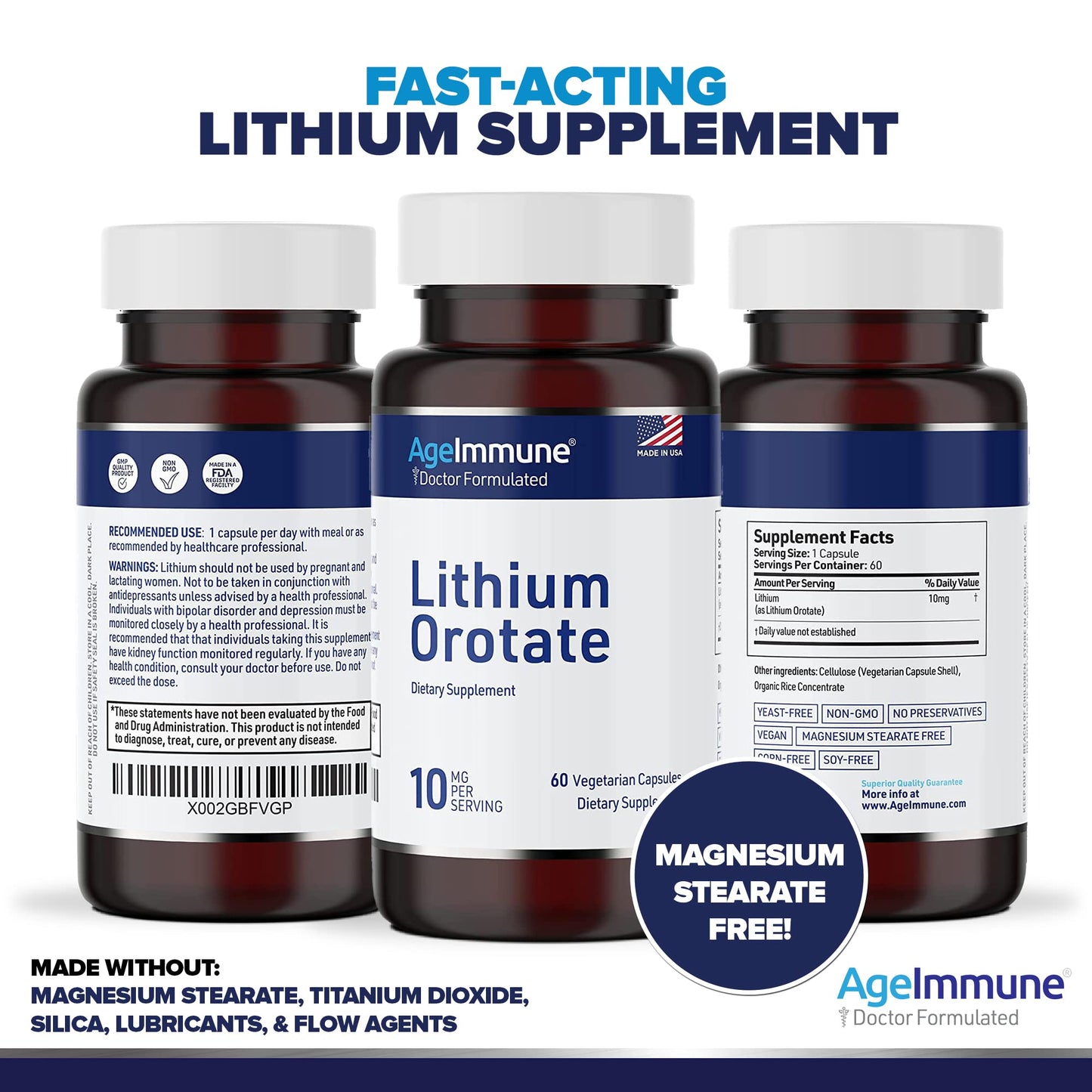 Lithium Orotate 10mg per Capsule - 60 Vegetarian Capsules. Memory and Emotional Wellness Support - Magnesium Stearate Free - 2 Months Supply of Lithium Supplement.