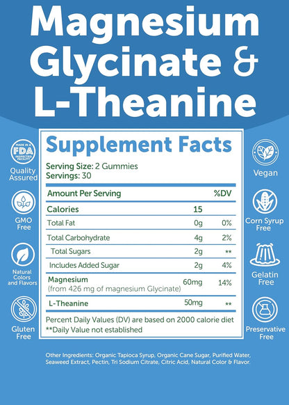 Lunakai USA Made Magnesium Glycinate Gummies 426mg with L-Theanine – Calm, Sleep, Stress Relief for Adults & Kids, Non-GMO, Vegan, 60ct