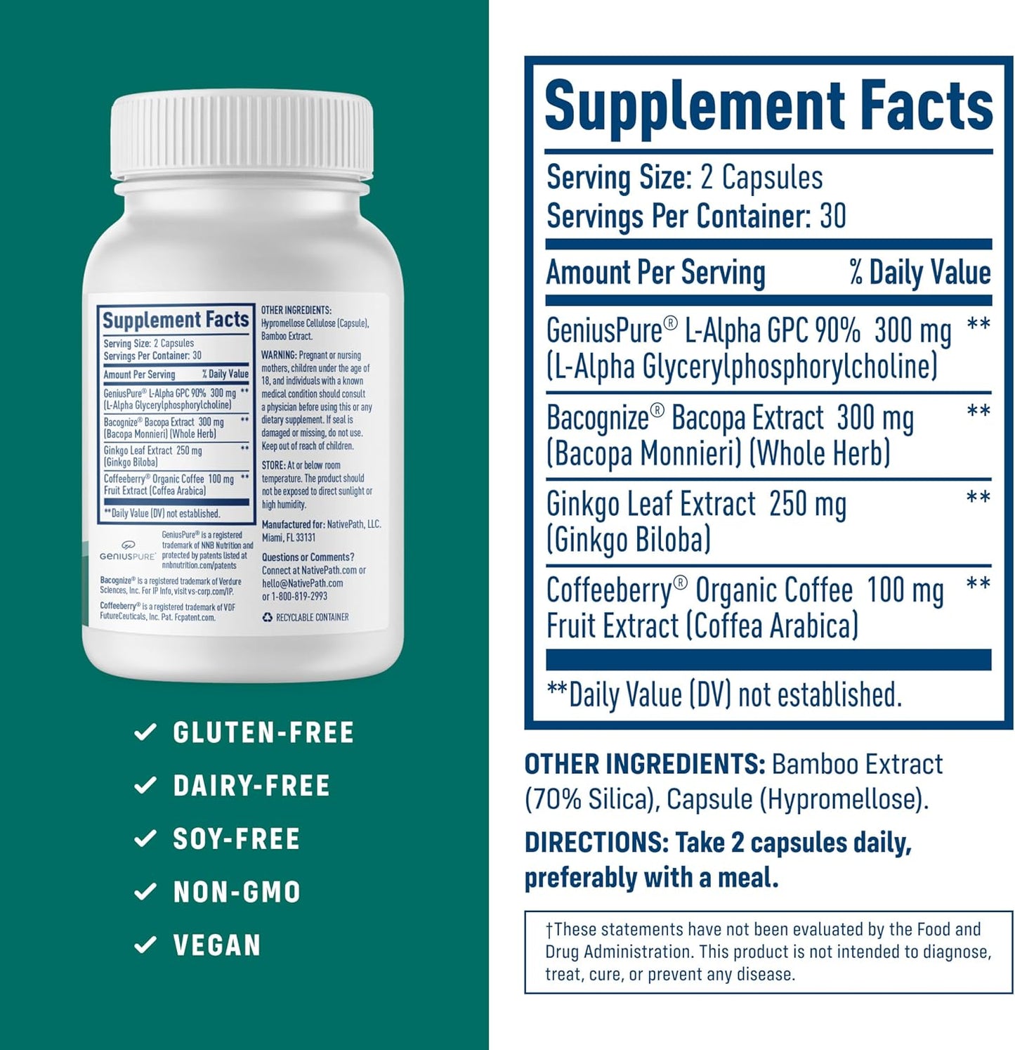 NativePath Brain Health Nootropic, Bacopa & Alpha GPC, 30 Servings | Ginkgo & CoffeeBerry, Supports Memory, Focus & Mental Clarity, Standardized Branded Actives