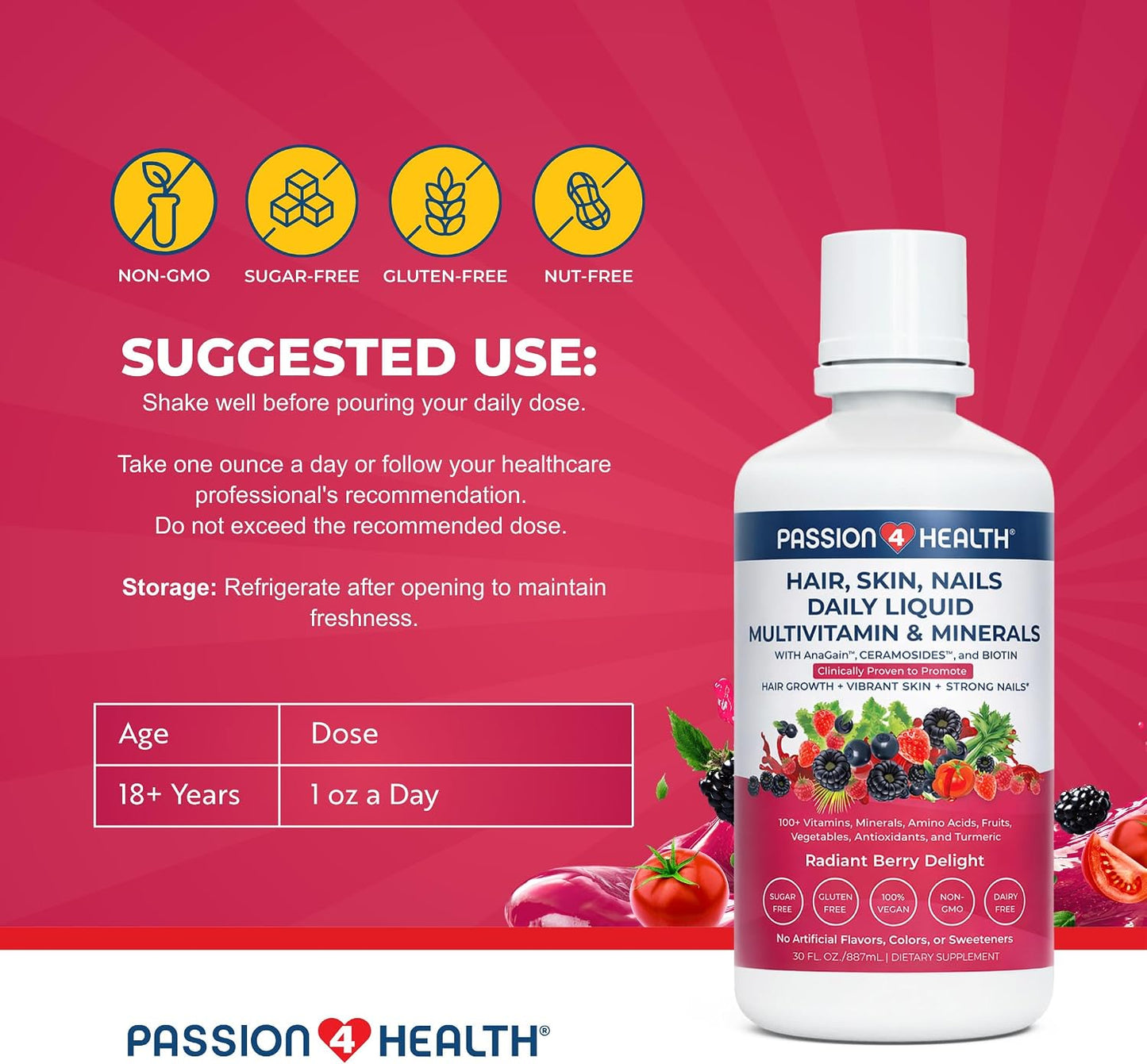 Passion 4 Health - Daily Liquid Multivitamin + Minerals (Radiant Berry Delight, Hair Skin Nails Liquid Multivitamin)