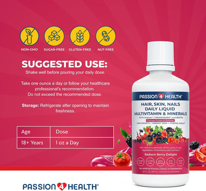 Passion 4 Health - Daily Liquid Multivitamin + Minerals (Radiant Berry Delight, Hair Skin Nails Liquid Multivitamin)