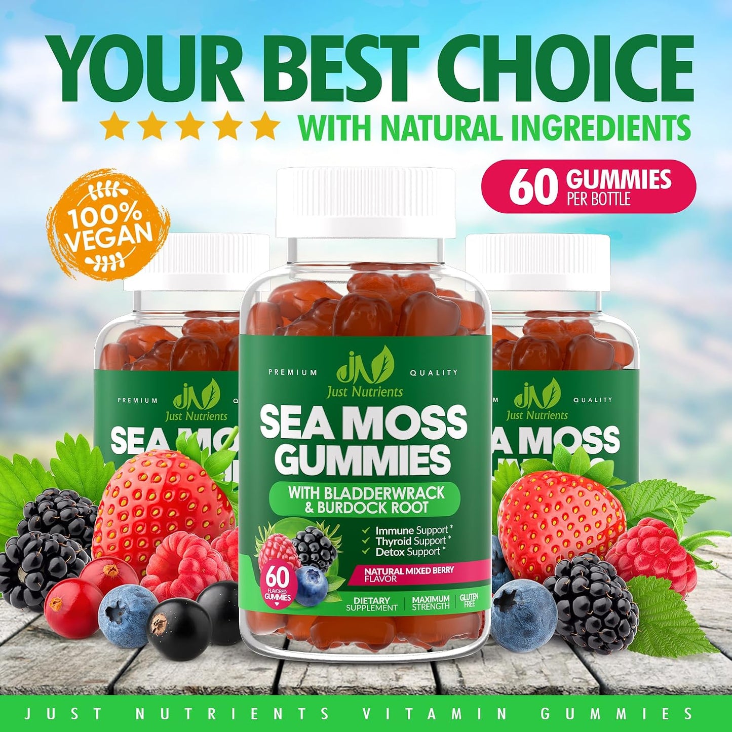 Sea Moss 3000mg Gummies with Bladderwrack and Burdock Root for Men & Women | Natural Irish Sea Moss Superfood for Immune, Thyroid and Detox Support - Extra Strength, Berry Flavor, Gluten-Free, Vegan