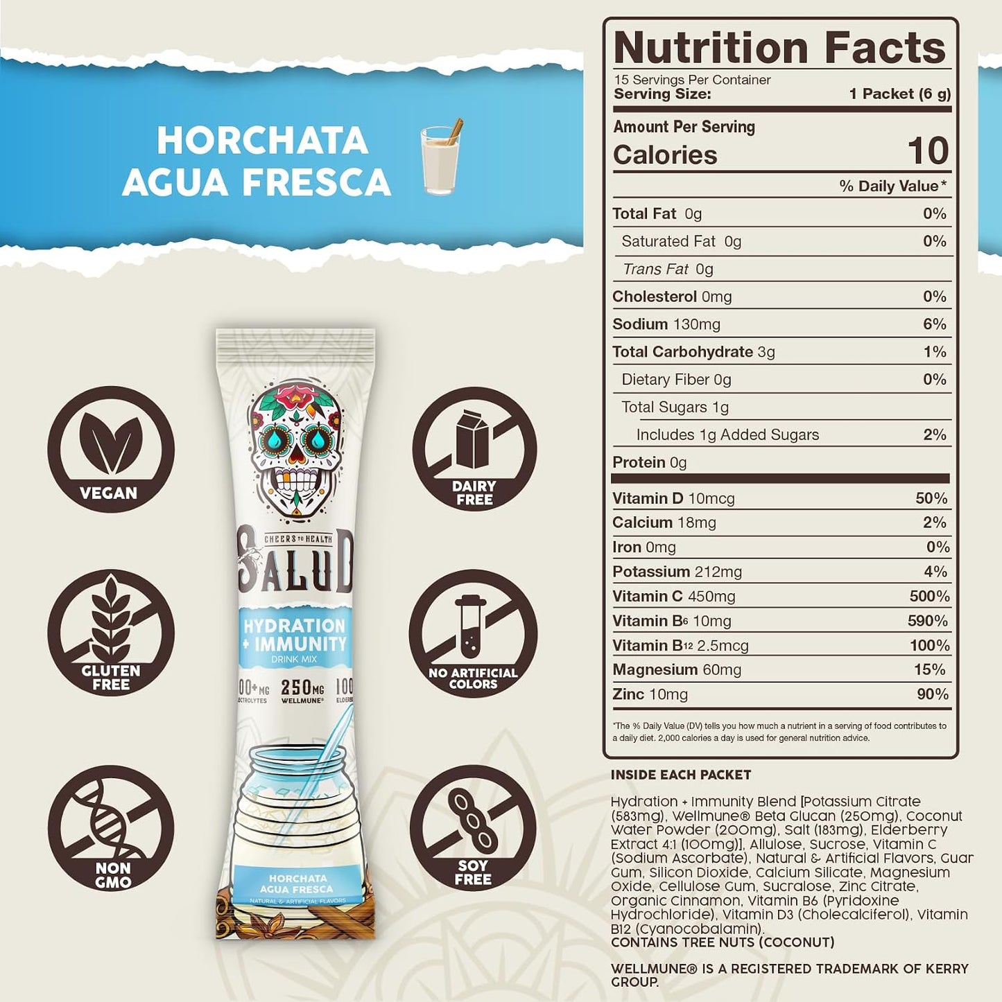 Salud Variety 3-Pack | 2-in-1 Hydration + Immunity (Horchata), Energy + Focus (Hibiscus) & Calm + Sleep (Lemon Honey) – 15 Servings Each, Non-GMO, Gluten Free, Low Calorie, 1g of Sugar