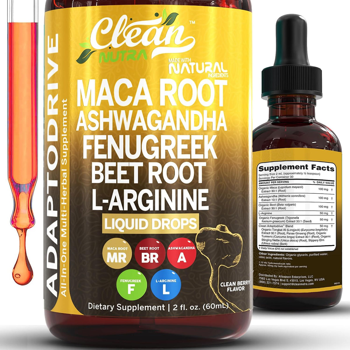 Clean Nutra Organic Maca Root Liquid Drops with Ashwagandha, Fenugreek, Beet Root and L-Arginine Liquid Multivitamin for Women and Men - Adapto Drive