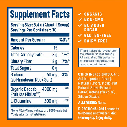 NativePath Baobab Prebiotic Fiber, Orange, Sugar-Free, 30 Servings | Organic Soluble Source, L-Glutamine, Supports Digestion, Regularity, Gut Health & Microbiome, Keto