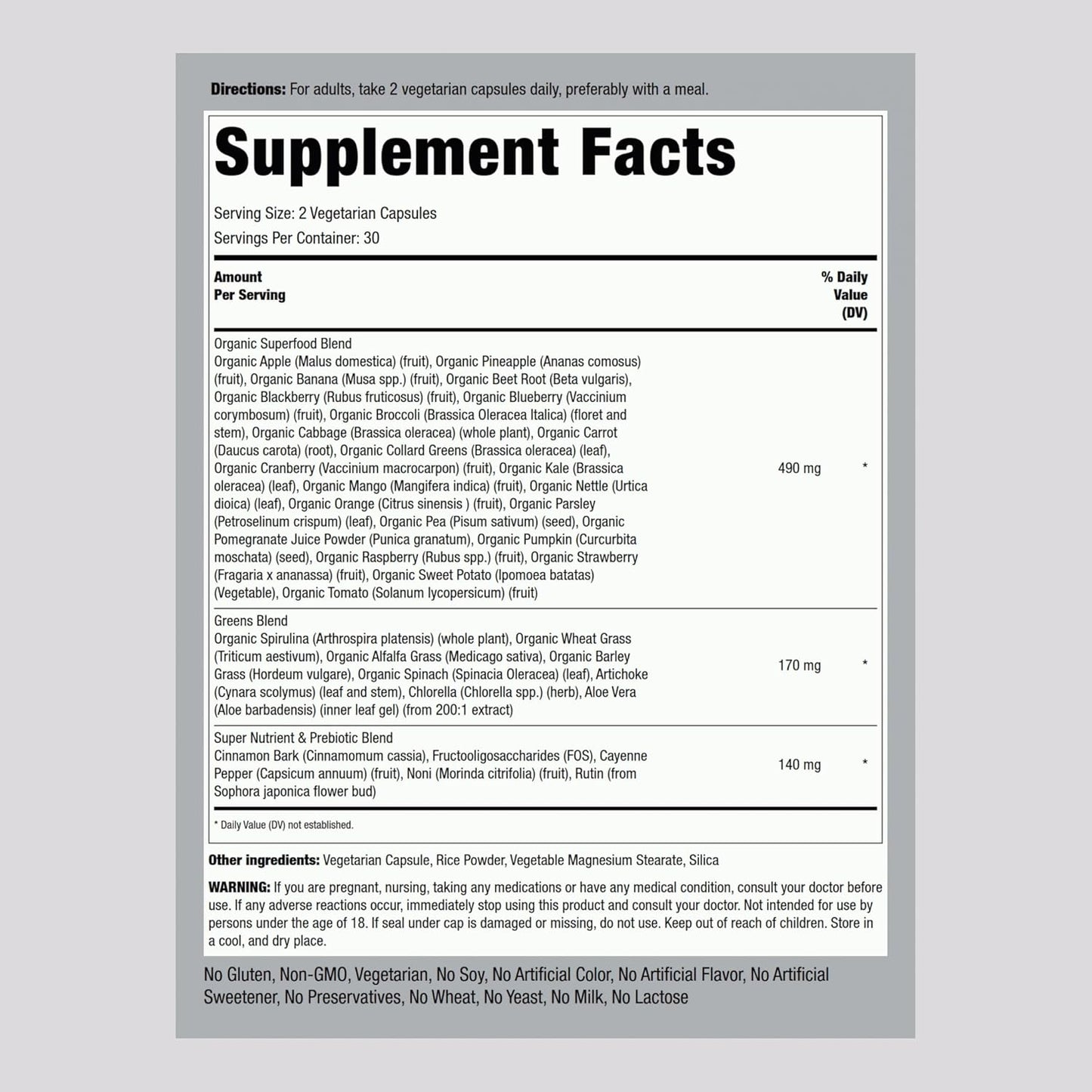 Piping Rock Fruits and Veggies Supplement | 60 Capsules | Superfood Vitamins | with Antioxidant Formula and Prebiotic Blend | Vegan, Non-GMO, Gluten Free