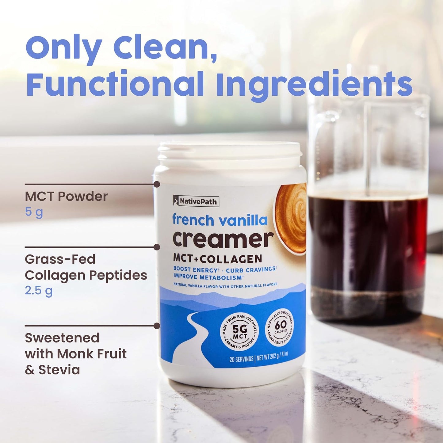 NativePath Keto Creamer, French Vanilla, Collagen & MCT, 20 Servings | Sugar-Free, Monk Fruit Sweetened, Non-Dairy & Creamy, Supports Skin, Hair & Nails, Low-Carb Friendly