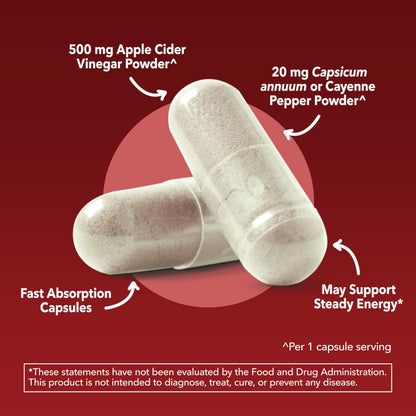 Apple Cider Vinegar Capsules with Cayenne Pepper, 60 Count, 2-Month Supply | 500mg ACV Per Serving for Appetite, Cravings, and Bloating Relief, Vegan, Non-GMO, Easy-to-Take Capsules, 60-Day Supply