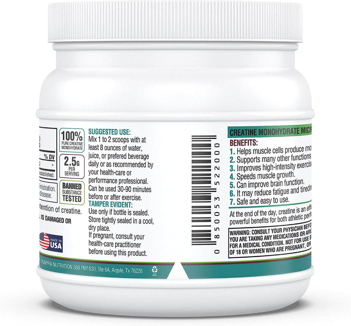Kappa Nutrition Creatine Monohydrate Powder, Pure Amino Acid Formula, Supports Muscle Strength, Cellular Energy & Mental Focus* Gluten-Free, Keto, 2.25g per Scoop, 240 Servings, Net Wt. 1.32 LB (600g)