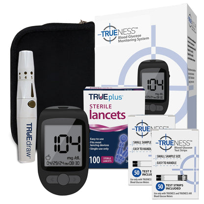 TRUENESS Blood Glucose Meter Kit with Testing Supplies | Includes Blood Glucose Monitor, Case, 100 Test Strips, 100 Lancets, Lancing Device - Fast, Easy Testing Supplies for Home Use