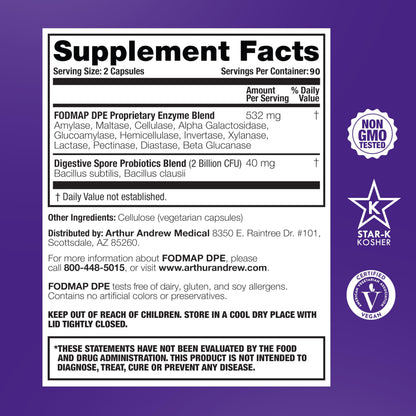 Arthur Andrew Medical, FODMAP DPE, Digestive Enzymes, 60 Capsules | Digestive Enzymes, & Probiotics For FODMAP Intolerance & The Digestion Of Fermentable Foods. Vegan, Non-GMO