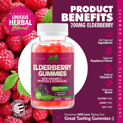 Elderberry 200mg Gummies with Vitamin C, Echinacea, Propolis (100 count) | Immune Support for Adults & Kids - Maximum Strength, Great Tasting Raspberry Flavor - Gluten-Free, Vegan