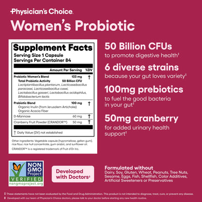 Physician's CHOICE Probiotics for Women - PH Balance, Digestive, UT, & Feminine Health - 50 Billion CFU - 6 Unique Strains for Her - Organic Prebiotics, Cranberry Extract+ - Women Probiotic - 30 CT