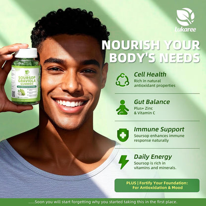 (2 Pack) Soursop Gummies - Soursop Leaves Concentrated Extract for Immune | Herbal Extracts w/Vitamin C, Zinc & Natural Food for Liver, Calming & Antioxidant, Sugar Free, Gluten Free, Vegan, 60 Gummies