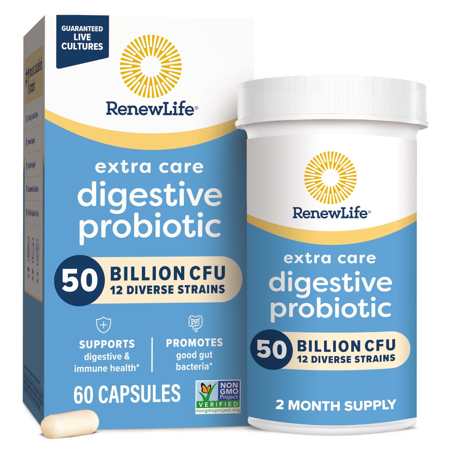 Renew Life Extra Care Digestive Probiotic 50 Billion CFU | 90 Vegetarian Capsules | Supports Digestive, Immune & Respiratory Health | Dairy, Soy and Gluten Free Supplement