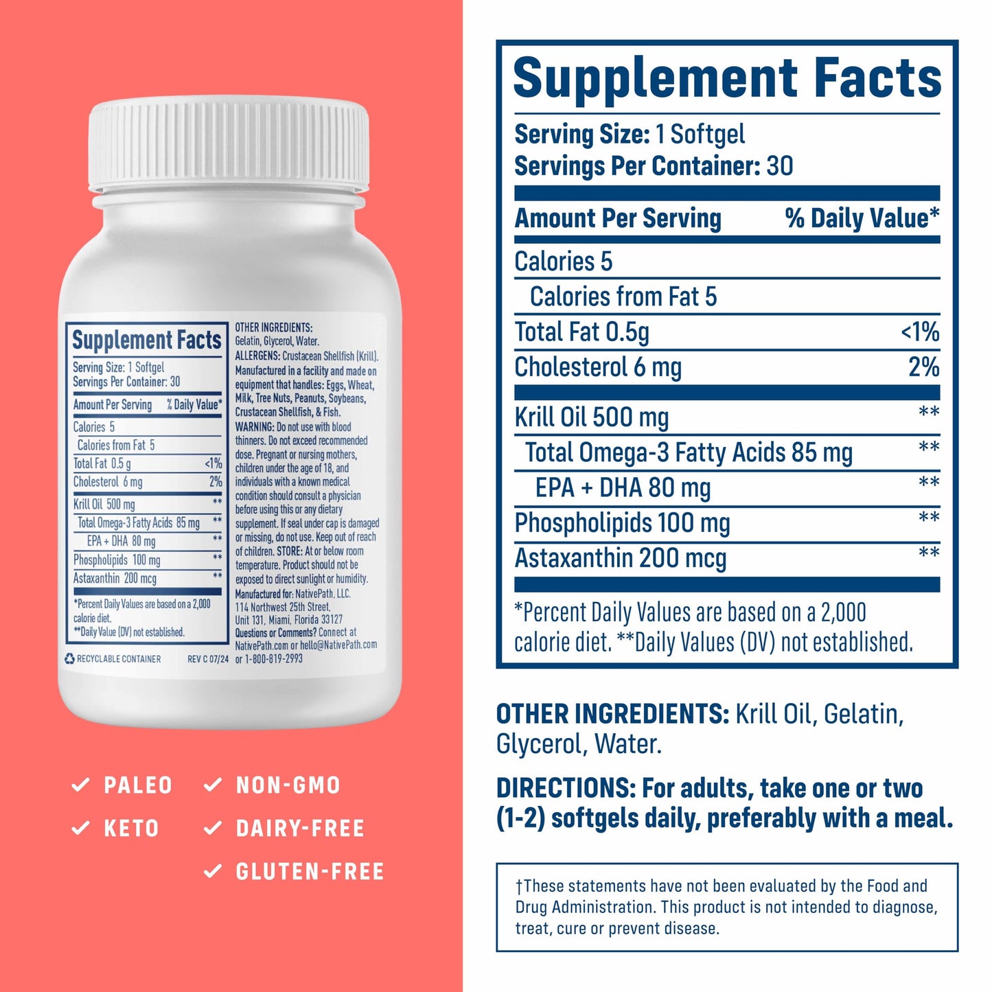 NativePath Antarctic Krill Oil 500mg, Omega-3, 60 Softgels | Wild-Caught, Astaxanthin, EPA & DHA Phospholipid-Bound, Supports Circulatory, Brain & Joint Health