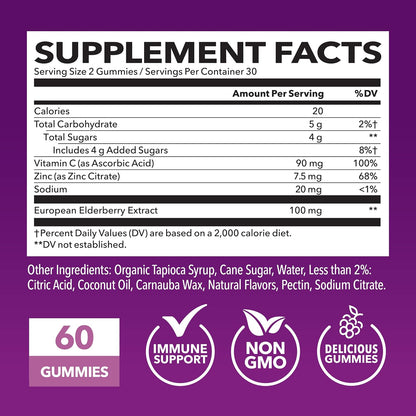 Sambucus Elderberry Gummies with Vitamin C & Zinc, Berry, 30 Servings | Vegan, Non-GMO, Gluten Free Elderberry Gummies, 100mg Extract Per Serving for Immune Support and Wellness Defense, 60 Count
