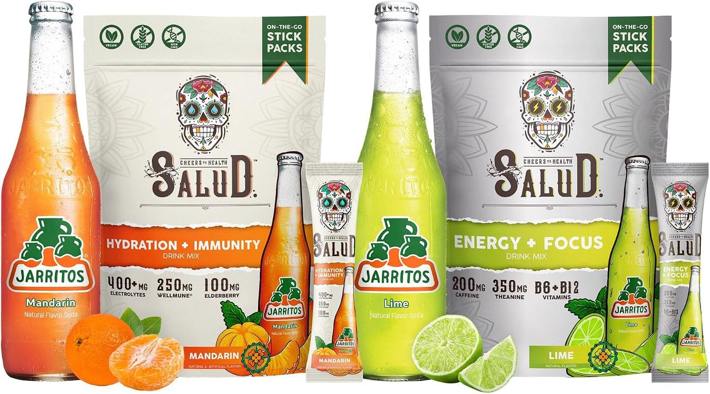 Salud x Jarritos 2-Pack | 2-in-1 Hydration + Immunity (Mandarin) & Energy + Focus (Lime) – 15 Servings Each, Agua Fresca Drink Mix, Non-GMO, Gluten Free, Vegan, Low Calorie, 1g of Sugar