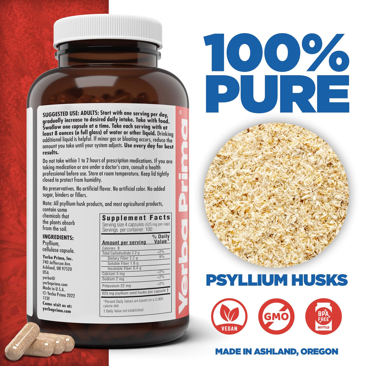 Yerba Prima Psyllium Husks Veg Caps, 400 Capsules (625mg) - Vegan, Non-GMO, Gluten Free, Colon Cleanser, Daily Fiber Supplement for Gut Health & Regularity