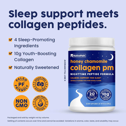 NativePath Collagen PM Honey Chamomile with Melatonin, 20 Servings | Grass-Fed Peptides, Magnesium, GABA & L-Theanine, Supports Restful Sleep, Skin & Hair, No Added Sugar