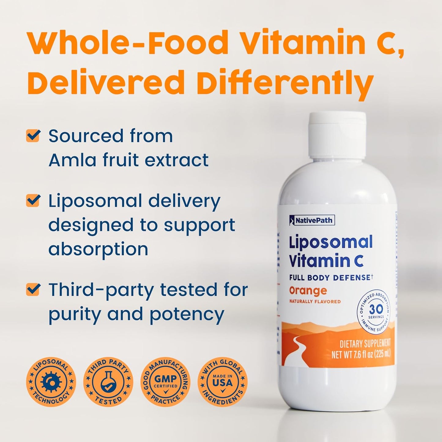NativePath Liposomal Vitamin C 500mg, Orange, 30 Servings | From Whole-Food Amla, High Absorption Antioxidant, Supports Collagen Production, Soy-Free Liquid, Non-GMO