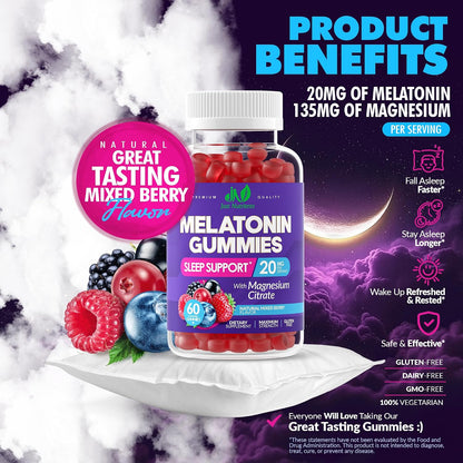 Melatonin 20mg Gummies with Magnesium Citrate - Maximum Strength Sleep Aid for Adults with 10mg of Melatonin Per Gummy - Gluten-Free, Non-GMO, Vegetarian, Mixed Berry Flavor - 60 Gummies