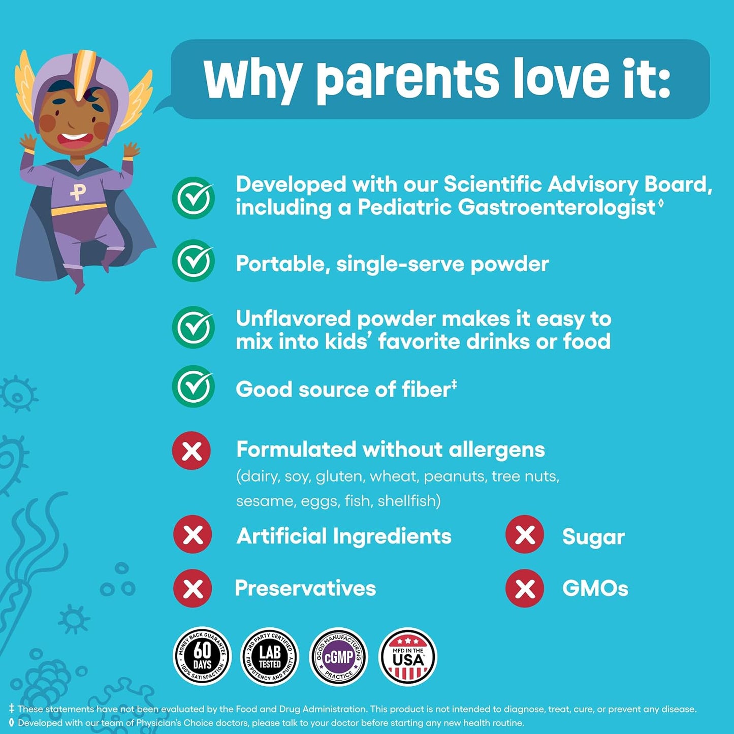 Physician's Choice Kids Probiotic + Prebiotic Fiber Packets (Ages 1+) - Supports Regularity, Occasional Constipation & A Healthy Digestive System - No Allergens or Preservatives - Unflavored - 24 Pack