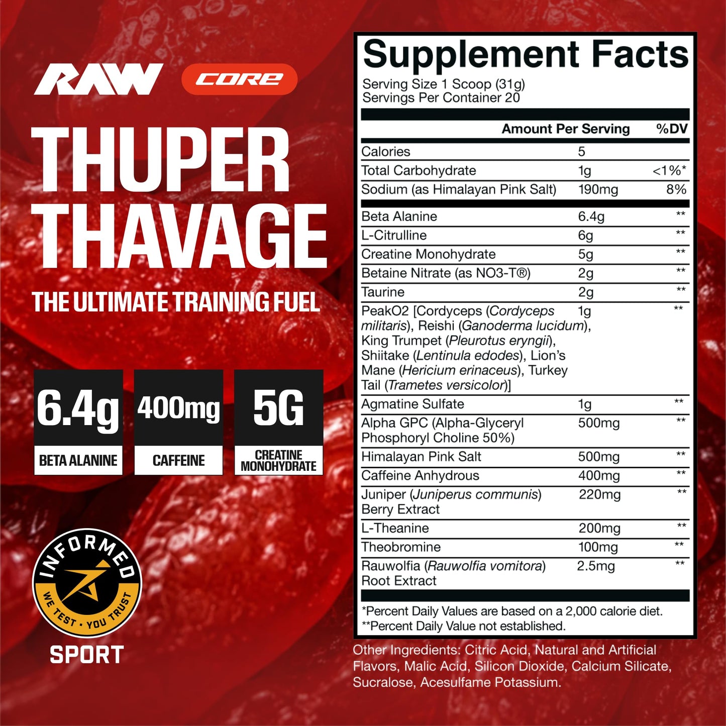RAW Thuper Thavage Pre Workout Powder - High-Stim Preworkout with Creatine, Beta Alanine, L-Citrulline & Caffeine - Chris Bumstead Gym & Fitness Supplement for Men & Women - Watermelon Grape
