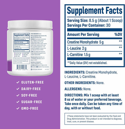NativePath Creatine Monohydrate, Unflavored, 30 Servings | 5g Per Serving, 2g L-Leucine & 1.5g L-Carnitine, Supports Strength, Power, Muscle & Recovery, Men & Women