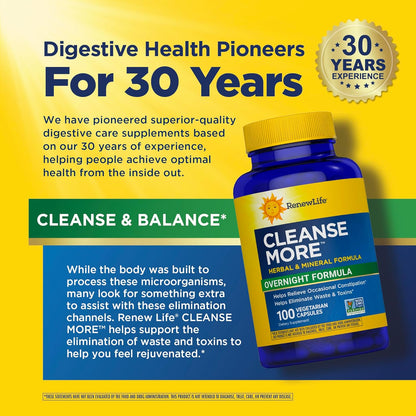 Renew Life Cleanse More 100 Vegetarian Capsules | Helps Relieve Occassional Constipation | Herbal Formula with Magnesium | Dairy, Soy and Gluten Free