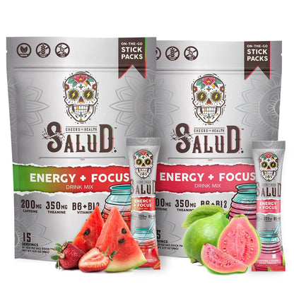 Salud 2-Pack |2-in-1 Energy + Focus (Strawberry Watermelon) & Energy + Focus (Guava) – 15 Servings Each, Agua Fresca Drink Mix, Non-GMO, Gluten Free, Vegan, Low Calorie, 1g of Sugar