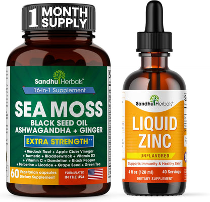 Sea Moss 60 Capsules & Liquid Zinc Ionic Drops Supplement 4 fl oz | Supplement for Men & Women| Made in USA