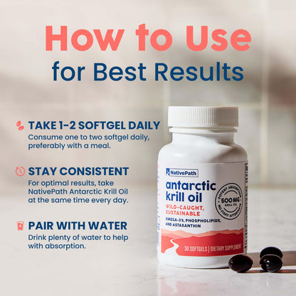 NativePath Antarctic Krill Oil 500mg, Omega-3, 60 Softgels | Wild-Caught, Astaxanthin, EPA & DHA Phospholipid-Bound, Supports Circulatory, Brain & Joint Health