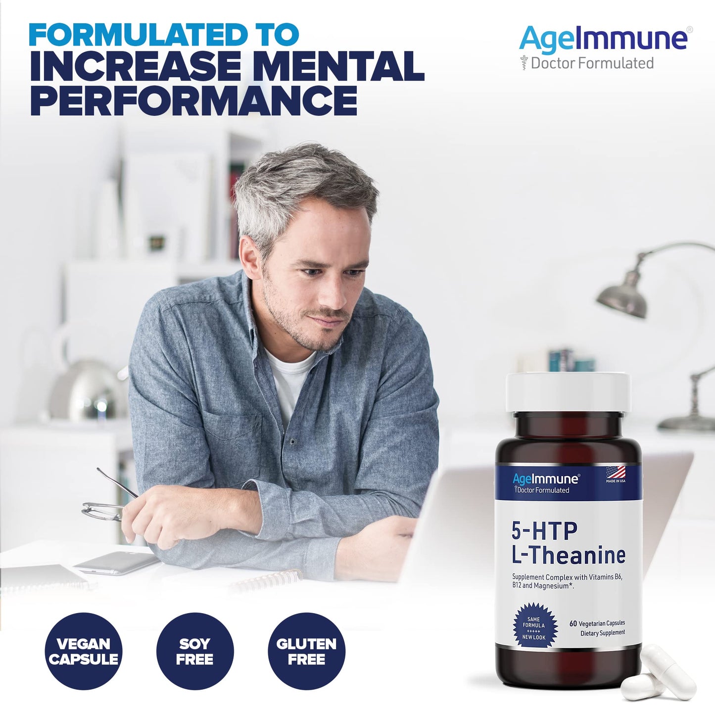5-HTP 100mg with L-Theanine 400 mg Formula for Stress Relief and Relaxation Support for Teens and Adults with Vitamins B6 - B12 and Magnesium Bisglycinate - Doctor Formulated – without stearates.
