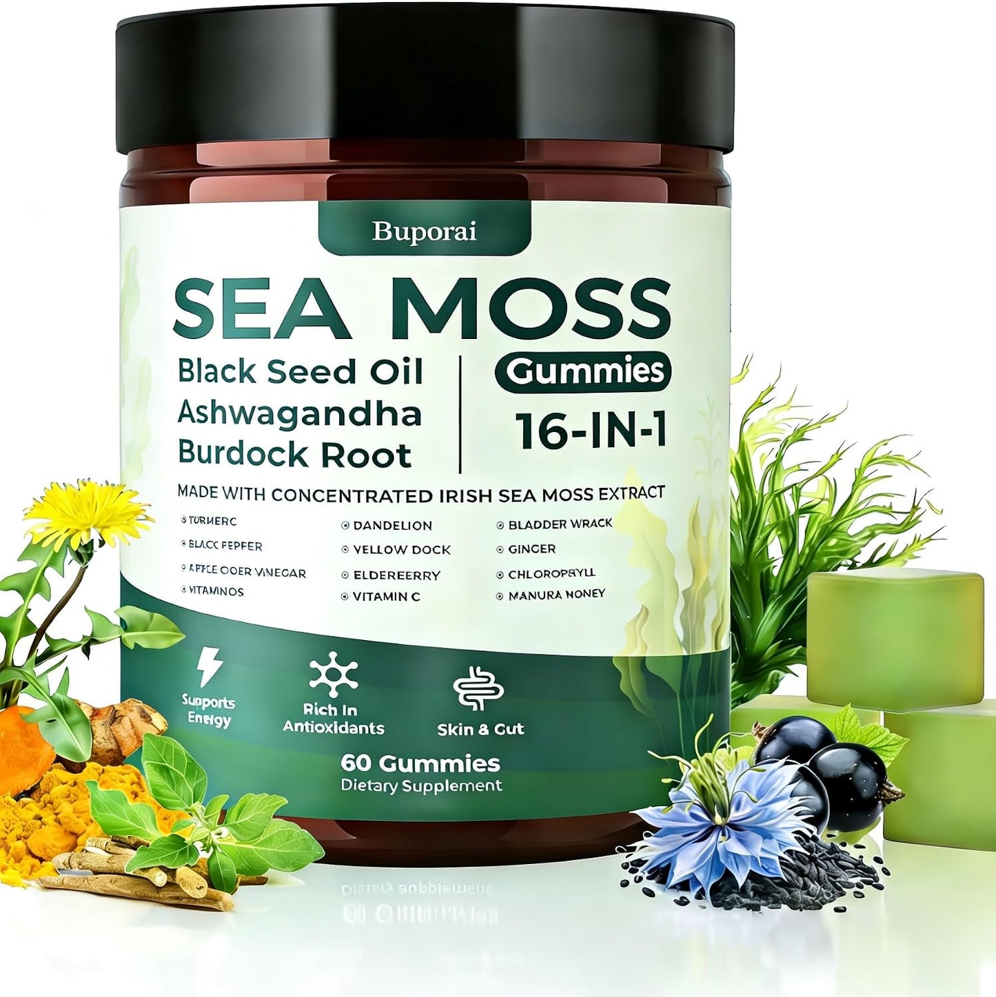 Sea Moss Gummies 16-1, Black Seed Oil Ashwagandha Turmeric Bladder Wrack Vitamin C Vitamin D3 Elderberry Manuka Dandelion Yellow Dock Apple Cider Vinegar for Men & Women
