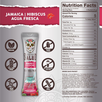 Salud 2-in-1 Energy + Focus Drink Mix, Hibiscus | Organic Caffeine, B6 + B12, Theanine, Clean Energy Packets, Agua Fresca Mix, Non-GMO, Gluten Free, 1g of Sugar (15 Servings)