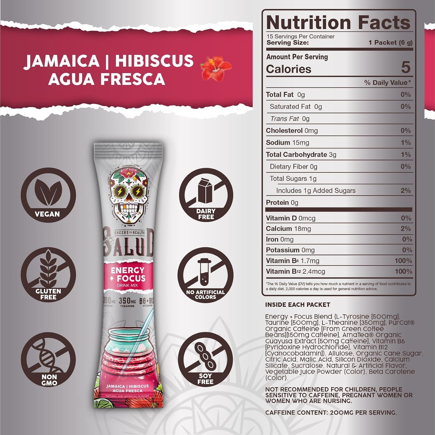 Salud 2-Pack | 2-in-1 Energy + Focus (Strawberry Margarita) & Energy + Focus (Hibiscus) – 15 Servings Each, Agua Fresca Drink Mix, Non-GMO, Gluten Free, Vegan, Low Calorie, 1g of Sugar