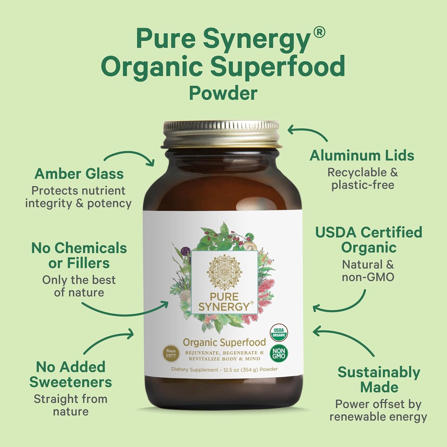 PURE SYNERGY Organic Superfood Powder | Green Superfood Powder | Whole Food Supplement with Organic Greens, Spirulina and Mushrooms | for Energy, Healthy Aging, and Immune Health (12.5 oz)
