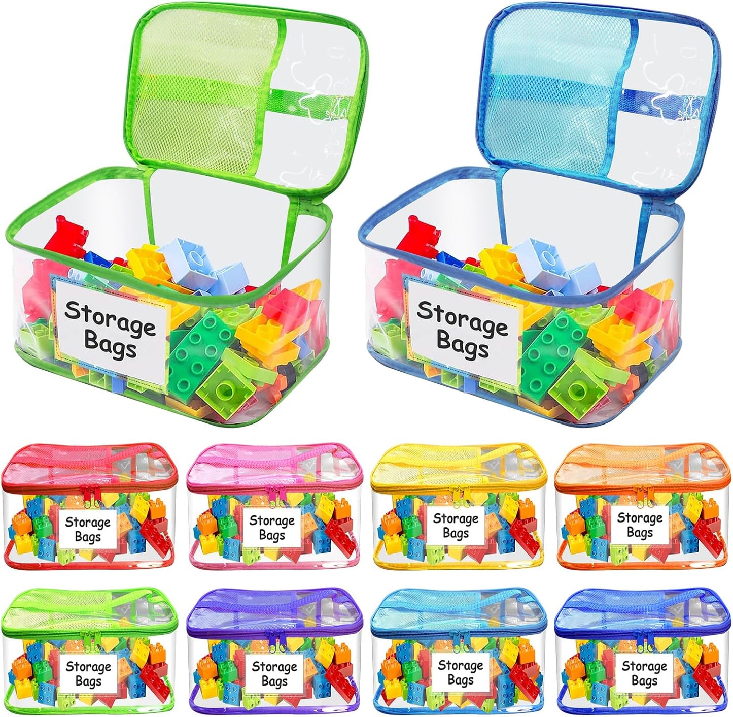 8 Pack Large Clear Toy Storage Bags with Zipper, 9.4 × 6.7 × 5.1 in Waterproof PVC