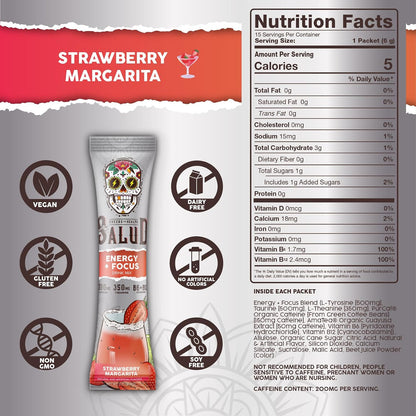 Salud 2-Pack | 2-in-1 Energy + Focus (Strawberry Margarita) & Energy + Focus (Hibiscus) – 15 Servings Each, Agua Fresca Drink Mix, Non-GMO, Gluten Free, Vegan, Low Calorie, 1g of Sugar
