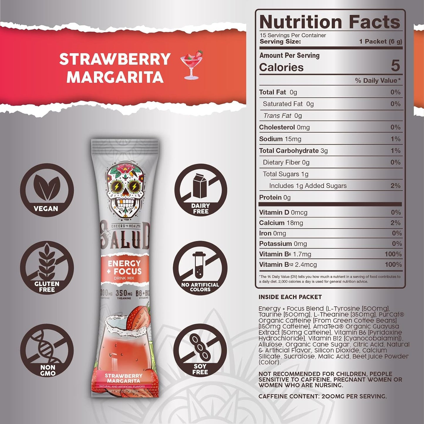 Salud 2-Pack |2-in-1 Energy + Focus (Guava) & Energy + Focus (Strawberry Margarita) – 15 Servings Each, Agua Fresca Drink Mix, Non-GMO, Gluten Free, Vegan, Low Calorie, 1g of Sugar