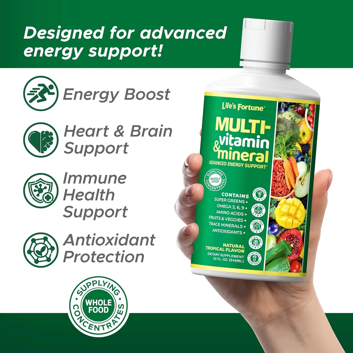 Life’s Fortune Liquid Multivitamin for Adults and Seniors – Fast Absorption Vitamins and Minerals with 90+ Nutrients for Energy and Immune Support – Easy to Digest, Sugar Free, Tropical Flavor, 32 oz