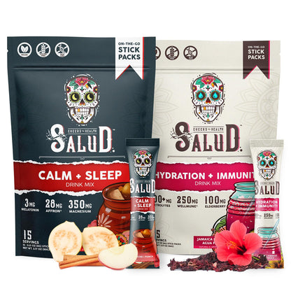 Salud 2-Pack | 2-in-1 Calm + Sleep (Punch) & Hydration + Immunity (Hibiscus) 15 Servings Each, Drink Mix, Dairy & Soy Free, Non-GMO, Gluten Free, Vegan, Low Calorie, 1g of Sugar