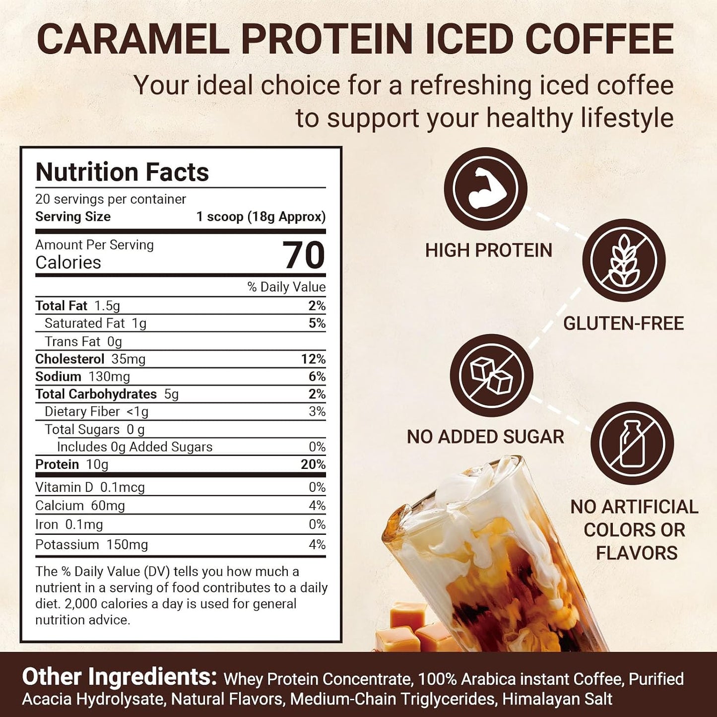 Caramel Protein Coffee Powder - Instant Iced Coffee, Sugar Free, Keto Friendly, 10 g Protein, 80 mg Caffeine Per Serving - 20 Servings