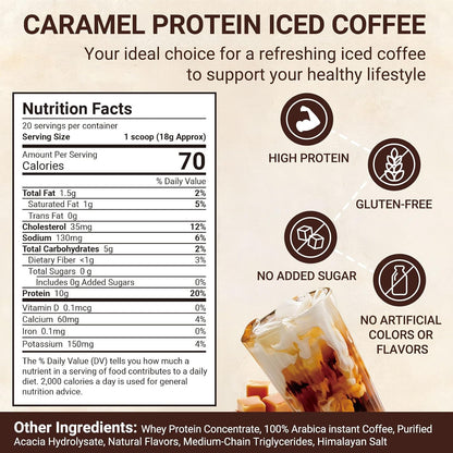 Caramel Protein Coffee Powder - Instant Iced Coffee, Sugar Free, Keto Friendly, 10 g Protein, 80 mg Caffeine Per Serving - 20 Servings