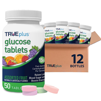 TRUEplus Glucose Tablets, Grape, Raspberry, Orange Flavors, 50 Count | Chewable Tablets, 15g Fast-Acting Carbohydrates, Fat Free, Gluten Free, Boosts Energy, Great Tasting and Easy to Use