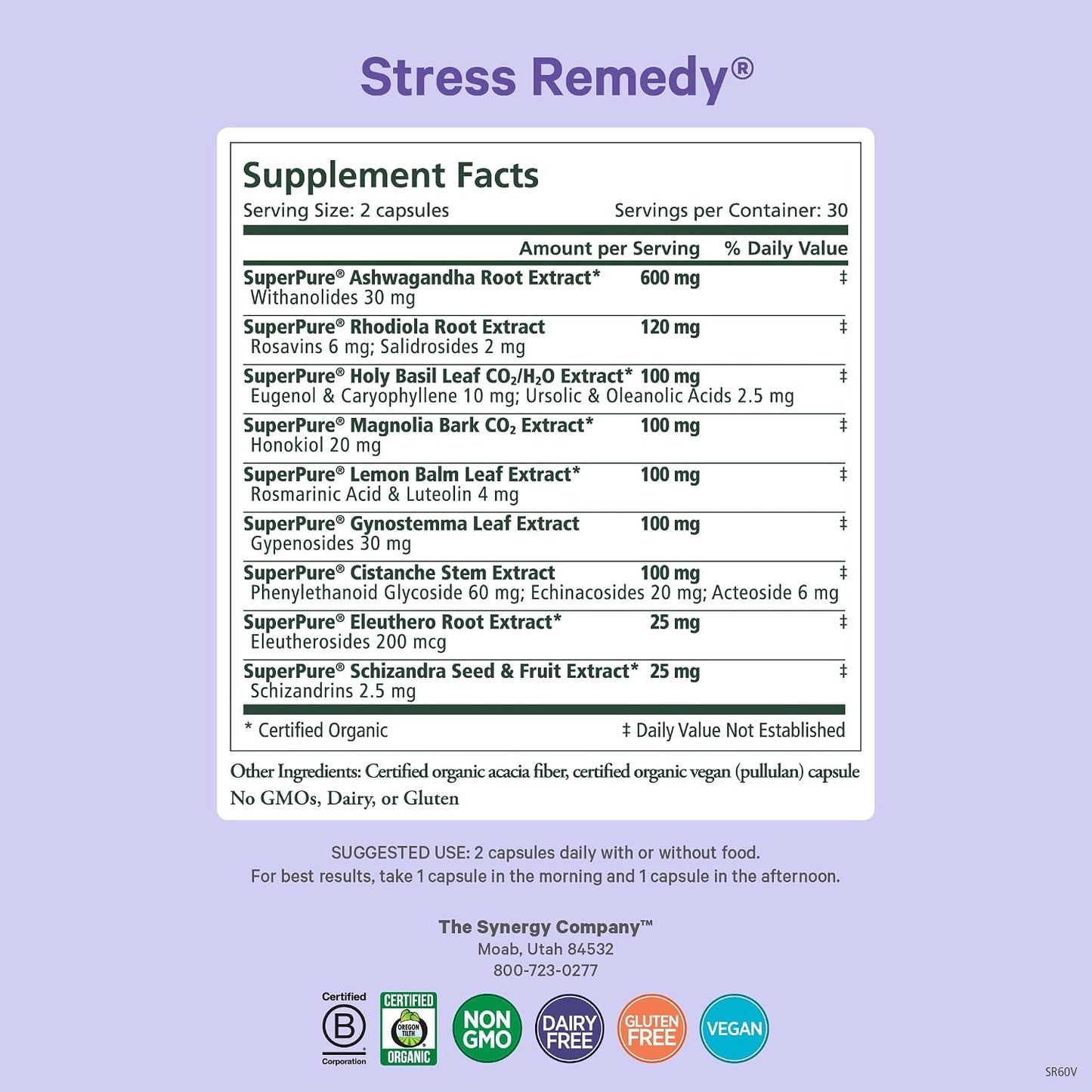 PURE SYNERGY Stress Remedy | Soothing Supplement with Ashwagandha | Organic Adaptogen Support from Lemon Balm and Holy Basil | for Stress Relief, Adrenal Health, and Mood (60 Capsules)